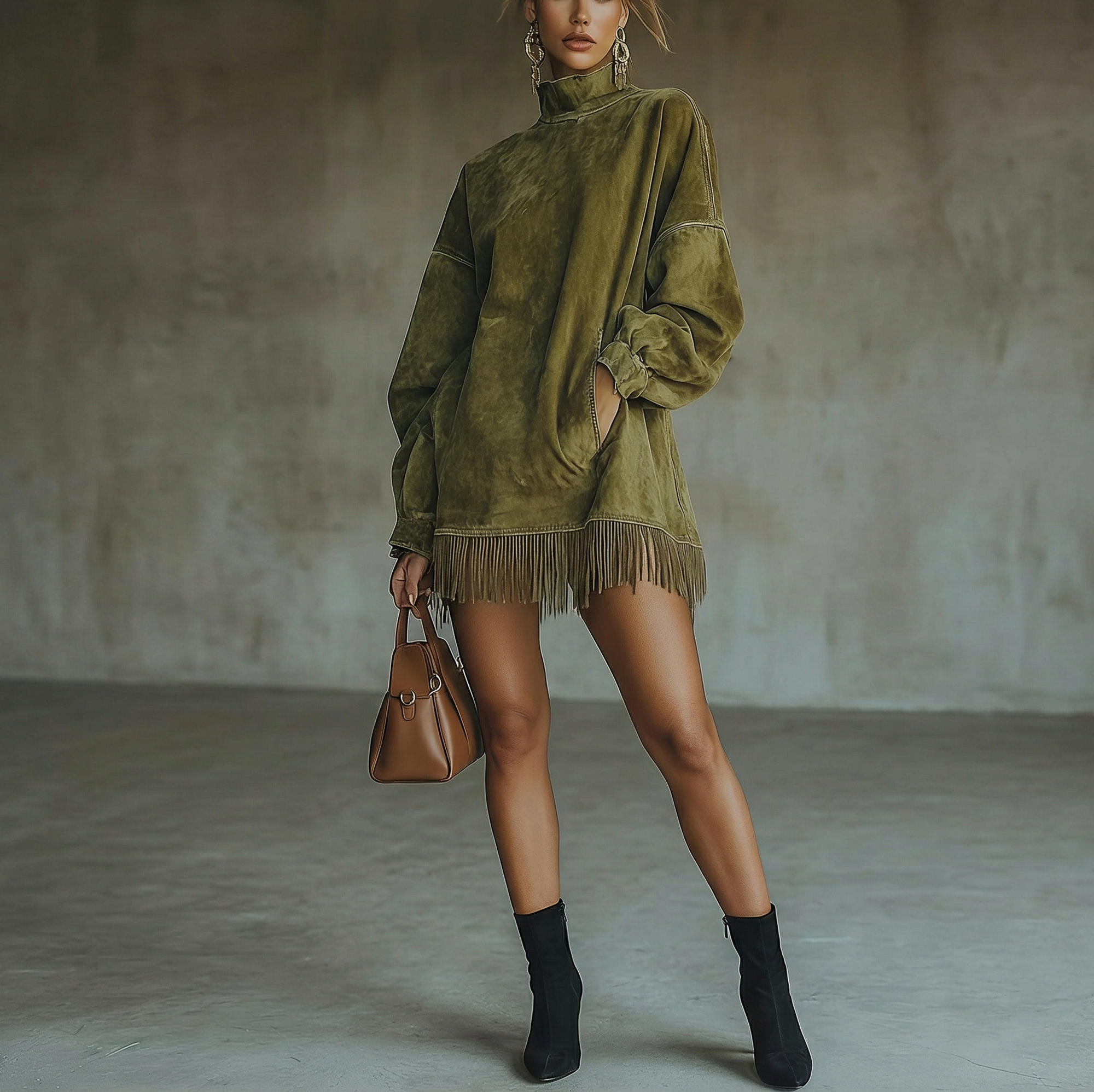 Vestido de cuello alto de ante con flecos Alma