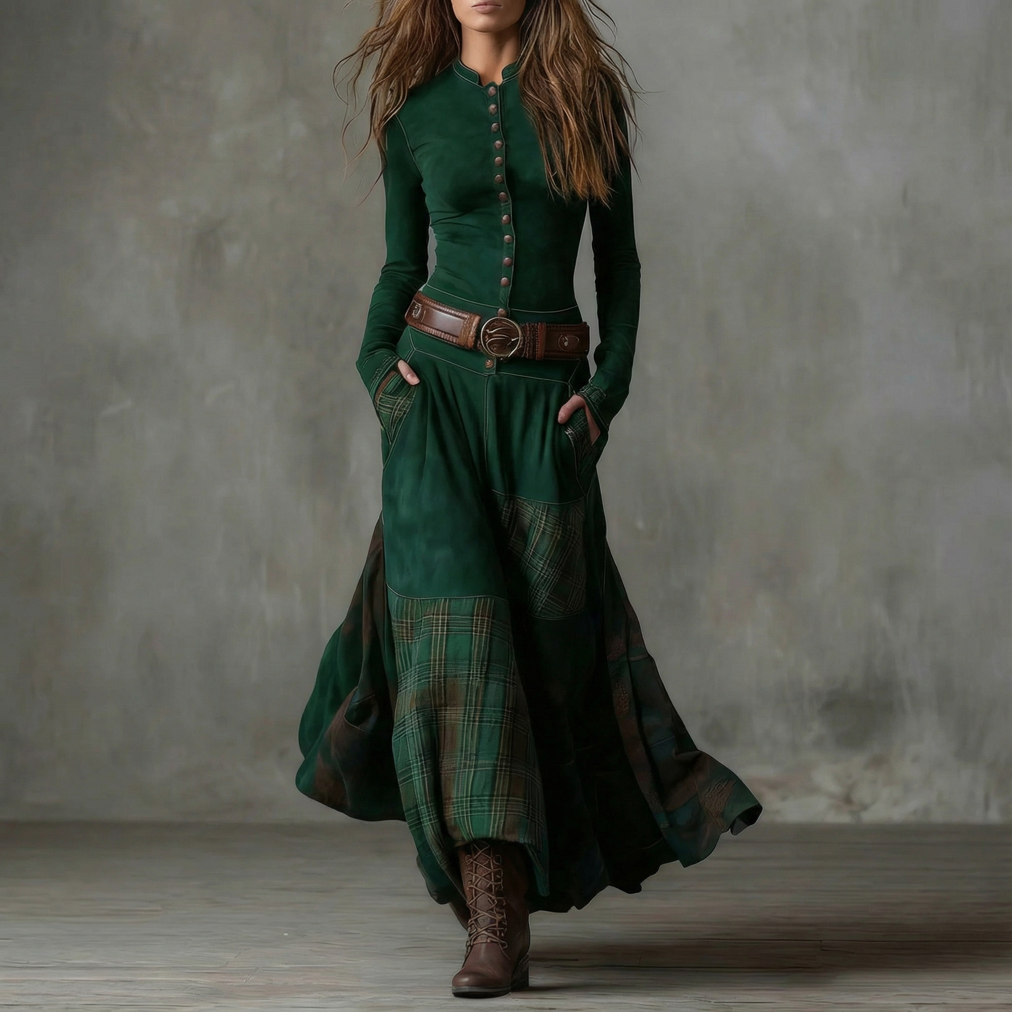 Vestido largo de ante a cuadros (incluye cinturón) Carmen