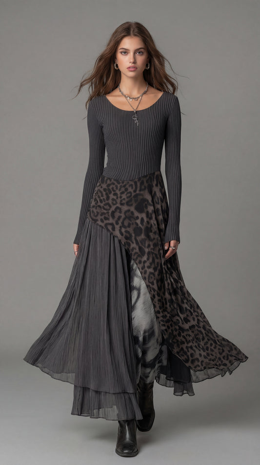 Carmen | Vestido gris con estampado leopardo