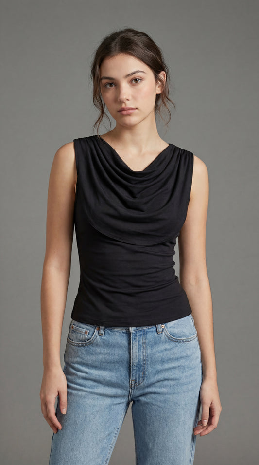 Blusa Aura | Blusa negra drapeada asimétrica