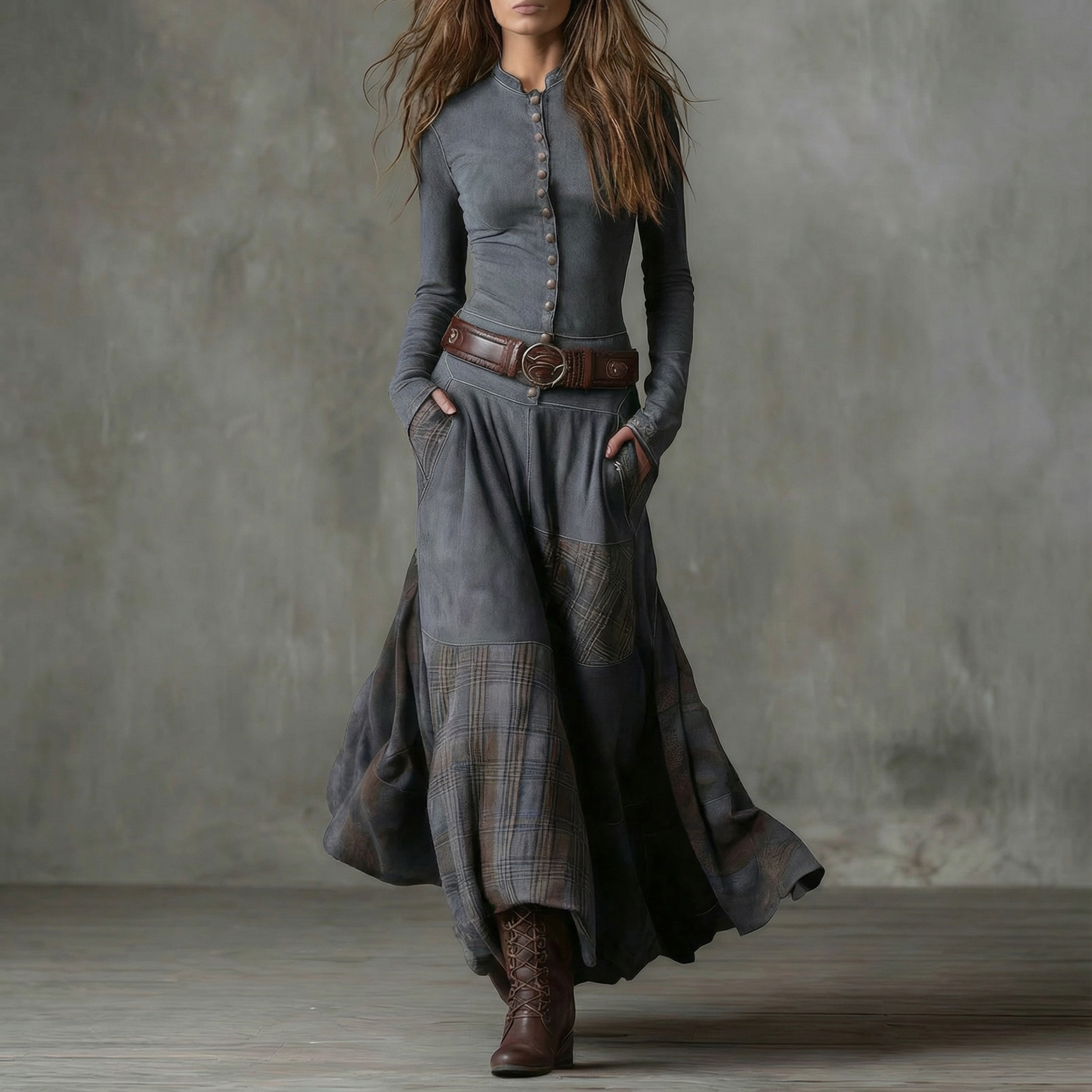 Vestido largo de ante a cuadros (incluye cinturón) Carmen