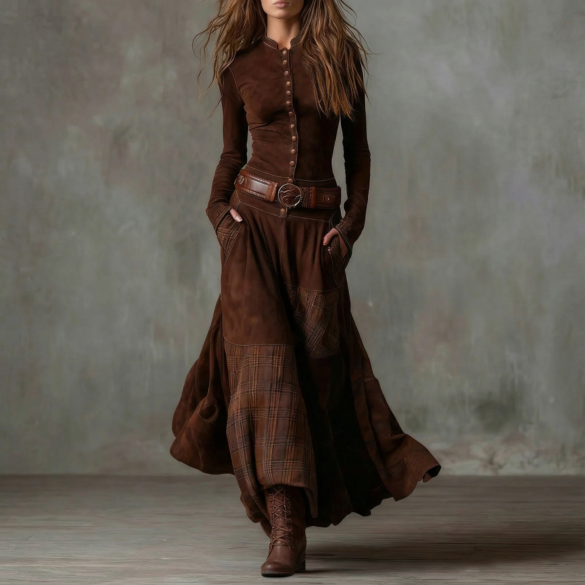 Vestido largo de ante a cuadros (incluye cinturón) Carmen